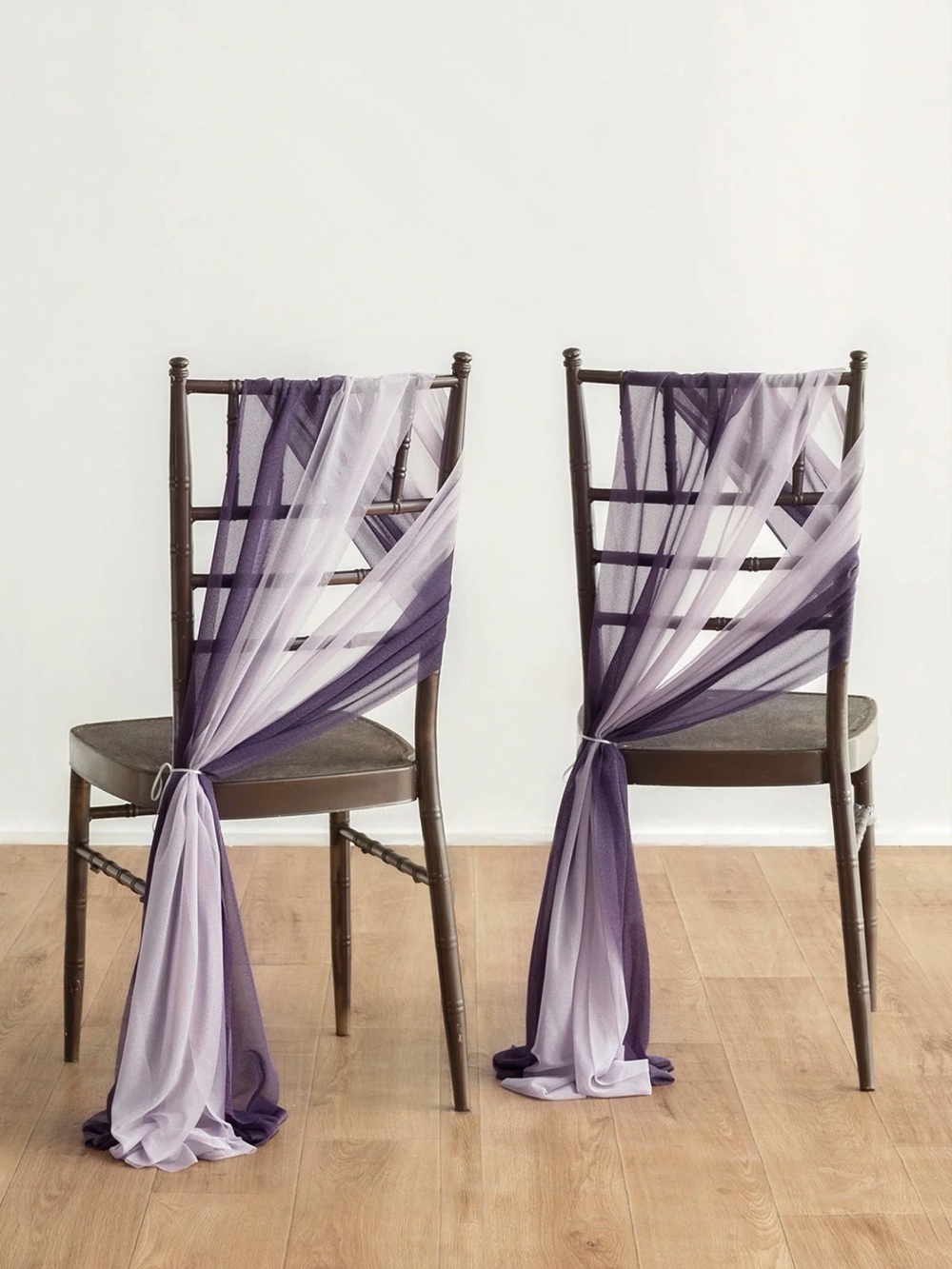 Ling’s Moment lilac and purple sheer chair drapes